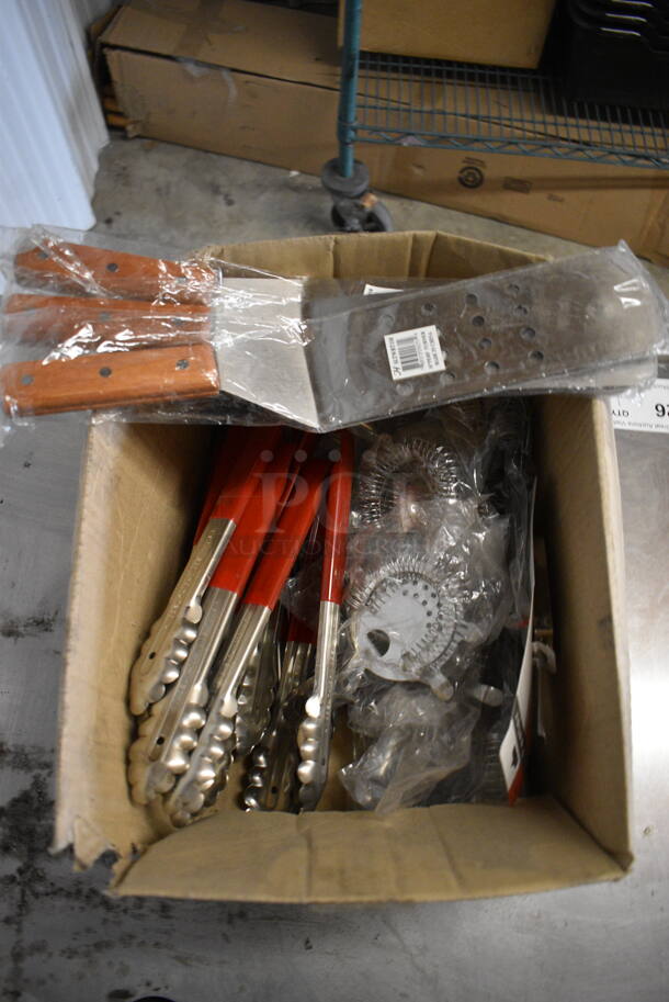 ALL ONE MONEY! Lot of BRAND NEW Utensils; 3 Spatulas, 7 Tongs and Drink Strainers