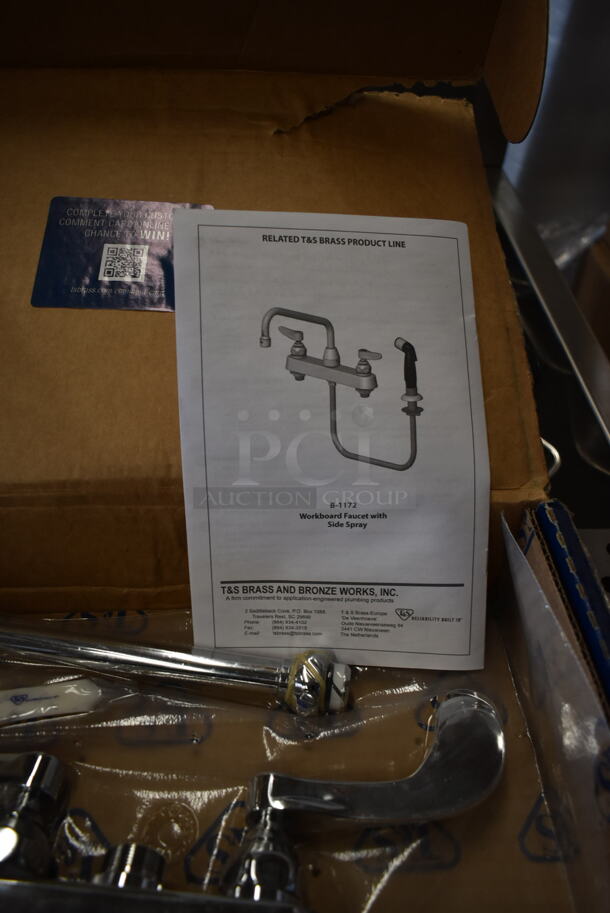 BRAND NEW SCRATCH AND DENT! T&S B-1141-04 Deck Mount Workboard Faucet with 4" Centers, 5 3/4" Gooseneck Spout, 4" Wrist Action Handles, Escutcheon, and Tailpieces - Image 4 of 5