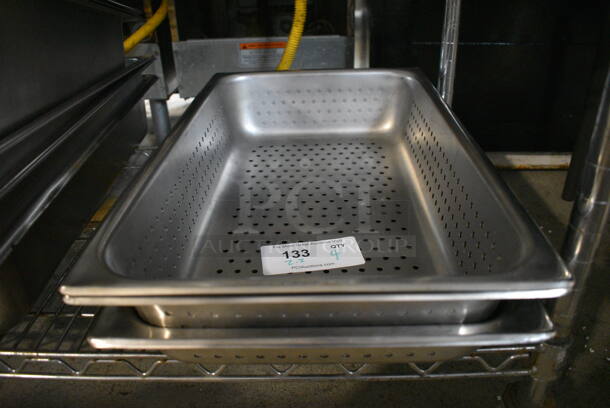 4 Stainless Steel Perforated Full Size Drop In Bins. 1/1x4, 1/1x2.5. 4 Times Your Bid!