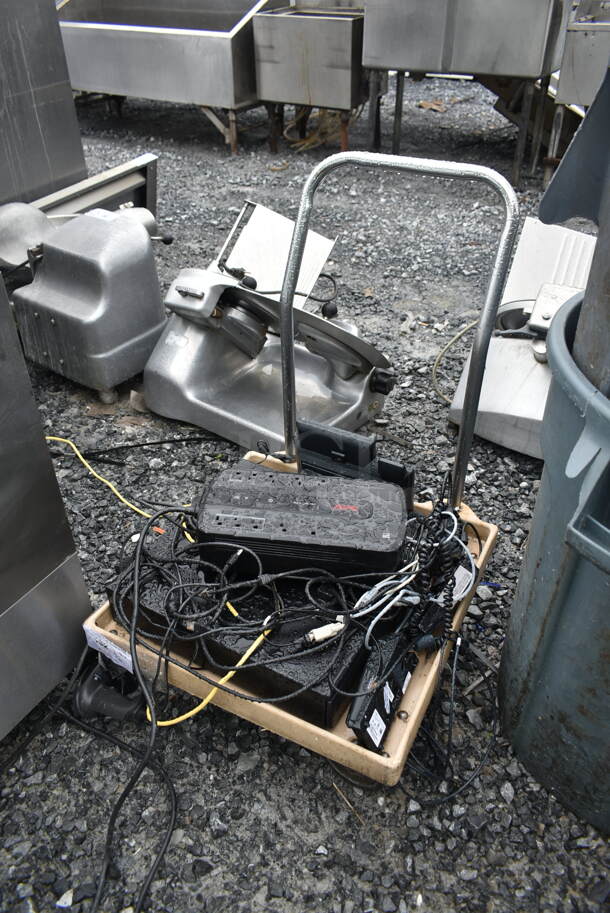 Tan Poly Dish Caddy Dolly w/ Push Handle and Contents Including Uninterruptible Power Supply on Commercial Casters. - Image 2 of 6