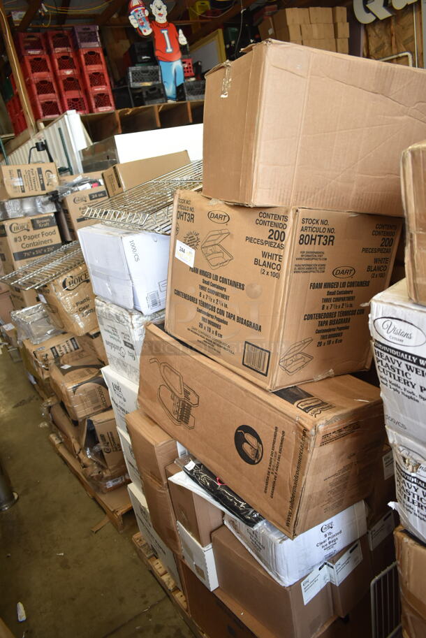 PALLET LOT of 27 BRAND NEW Boxes Including 130HCLCUTFW Visions Individually Wrapped Clear Heavy Weight Plastic Fork - 1000/case, 5005DNAPFLTE Choice White Linen-Feel Flat - Packed Dinner Napkin, 3 Box 5002TPJPREM Lavex Premium 2-Ply Jumbo 720' Toilet Paper Roll with 9" Diameter - 12/Case, Dart 80HT3R 8" x 7 1/2" x 2" White Foam Three-Compartment Square Take Out Container with Hinged Lid - 200/Case, Choice 8 lb. Clear Plastic Ice Bag with Ice Print - 1000/Case, Choice White Disposable Silverware Bags, 500TW5 Choice 5 oz. Translucent Thin Wall Plastic Cold Cup - 2500/Case, 502386016CL Lavex 55-60 Gallon 16 Micron 38" x 60" High Density Janitorial Can Liner / Trash Bag - 200/Case, 612527HD Choice 7" Round Heavy Weight Foil Take-Out Pan - 500/Case, 4 Box 130BKFSNSPH Visions Heavy Weight Black Wrapped Plastic Cutlery Pack with Napkin and Salt and Pepper Packets - 500/Case, Ashland Grease Trap. 27 Times Your Bid! - Image 2 of 11