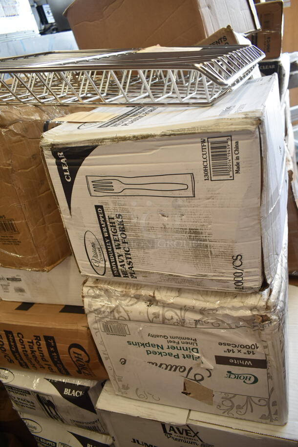 PALLET LOT of 27 BRAND NEW Boxes Including 130HCLCUTFW Visions Individually Wrapped Clear Heavy Weight Plastic Fork - 1000/case, 5005DNAPFLTE Choice White Linen-Feel Flat - Packed Dinner Napkin, 3 Box 5002TPJPREM Lavex Premium 2-Ply Jumbo 720' Toilet Paper Roll with 9" Diameter - 12/Case, Dart 80HT3R 8" x 7 1/2" x 2" White Foam Three-Compartment Square Take Out Container with Hinged Lid - 200/Case, Choice 8 lb. Clear Plastic Ice Bag with Ice Print - 1000/Case, Choice White Disposable Silverware Bags, 500TW5 Choice 5 oz. Translucent Thin Wall Plastic Cold Cup - 2500/Case, 502386016CL Lavex 55-60 Gallon 16 Micron 38" x 60" High Density Janitorial Can Liner / Trash Bag - 200/Case, 612527HD Choice 7" Round Heavy Weight Foil Take-Out Pan - 500/Case, 4 Box 130BKFSNSPH Visions Heavy Weight Black Wrapped Plastic Cutlery Pack with Napkin and Salt and Pepper Packets - 500/Case, Ashland Grease Trap. 27 Times Your Bid! - Image 5 of 11