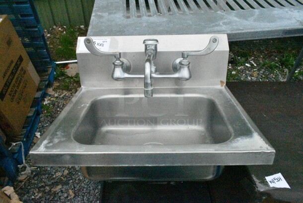 Stainless Steel Single Bay Wall Mount Sink w/ Faucet and Handles.  - Image 1 of 6