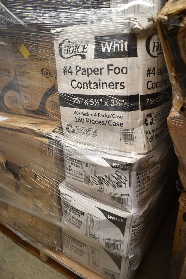 PALLET LOT of 20 BRAND NEW Boxes Including 2 Box 795PTOWHT4 Choice 7 7/8 x 5 1/2" x 3 1/2" White Microwavable Folded Paper #4 Take-Out Container - 160/Case, 3 Box 130WKFSNSPH Individually Wrapped Heavy Weight White Plastic Cutlery Pack with Napkin, 347SP6WH Visions Florence 6" Square White Plastic Plate - 120/Case, 2 Box 500CC10 Choice 10 oz. Clear PET Plastic Cold Cup - 1000/Case, 600GRSU2324C Regency Corrugated Top Glass Rack Storage Unit, Rubbermaid FG256B00BRN Glutton 56 Gallon Brown Square Trash Can. 20 Times Your Bid! - Image 2 of 9