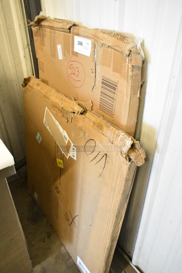 2 BRAND NEW SCRATCH AND DENT! Items Including 3492442TCB Lancaster Table & Seating Laminated Rectangular Table Top Reversible Cherry / Black and 1643030TFGRY Lancaster Table & Seating Square Thermo-Formed MDF Table Top with Gray Wood Finish. 2 Times Your Bid!  - Image 1 of 4