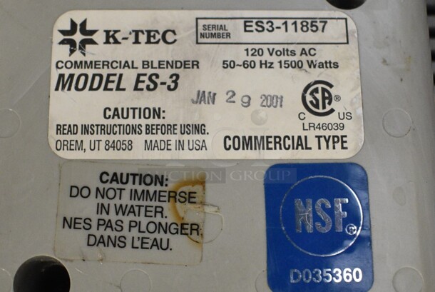 K-Tec Model ES-3 Metal Commercial Countertop Blender w/ 2 Clear Poly Pitchers. 120 Volts, 1 Phase. 7x9x16. Tested and Working! - Image 4 of 4