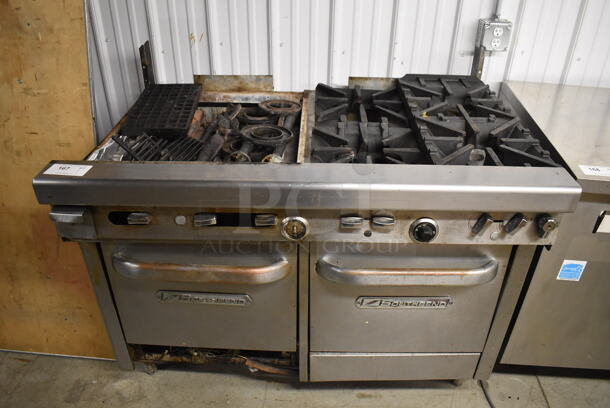 Southbend Stainless Steel Commercial Gas Powered Cooking Unit w/ 2 Ovens and Various Pieces. Missing Parts. 49x34x43