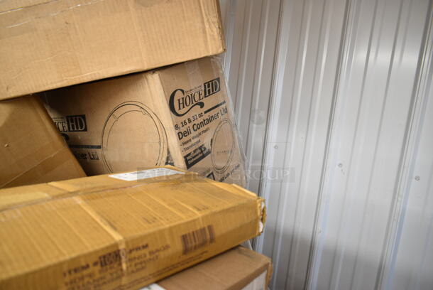 PALLET LOT of 30 BRAND NEW Boxes Including 5014046XXH Lavex Pro 45 Gallon 3 Mil 40" x 46" Low Density Heavy-Duty Industrial Contractor Black Trash Bag / Can Liner - 50/Case, 127PL400 Choice PET Plastic Lid for 3.25 to 5.5 oz. Souffle Cup / Portion Cup - 2500/Case, 966TALLFLDB Choice White Tall-Fold 6" x 13" Dispenser Napkin - 8000/Case, 130TRAY12 Visions Black PET Plastic 12" Thermoform Catering / Deli Tray - 25/Case, 10020-PRM HDPE Shopping Bags, 50016W Choice 16oz White Poly Paper Hot Cup, Corrugated White Circles 12". 30 Times Your Bid! - Image 7 of 11