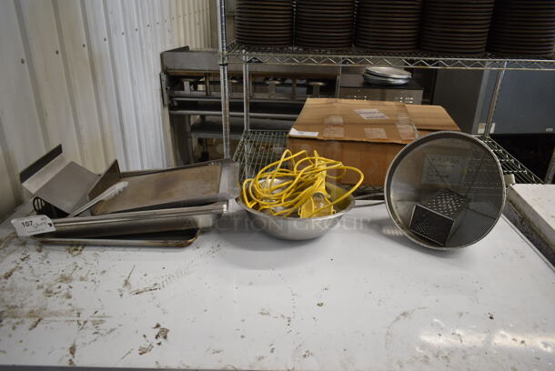 ALL ONE MONEY! Lot of China Cap Strainer, Grater, Light w/ Cord and Metal Pieces - Image 1 of 4