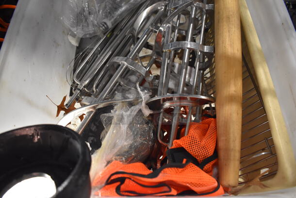 ALL ONE MONEY! Lot of Various Items Including Metal Ice Cream Machine Parts Including Auger and Drip Tray in White Poly Bin - Image 2 of 6