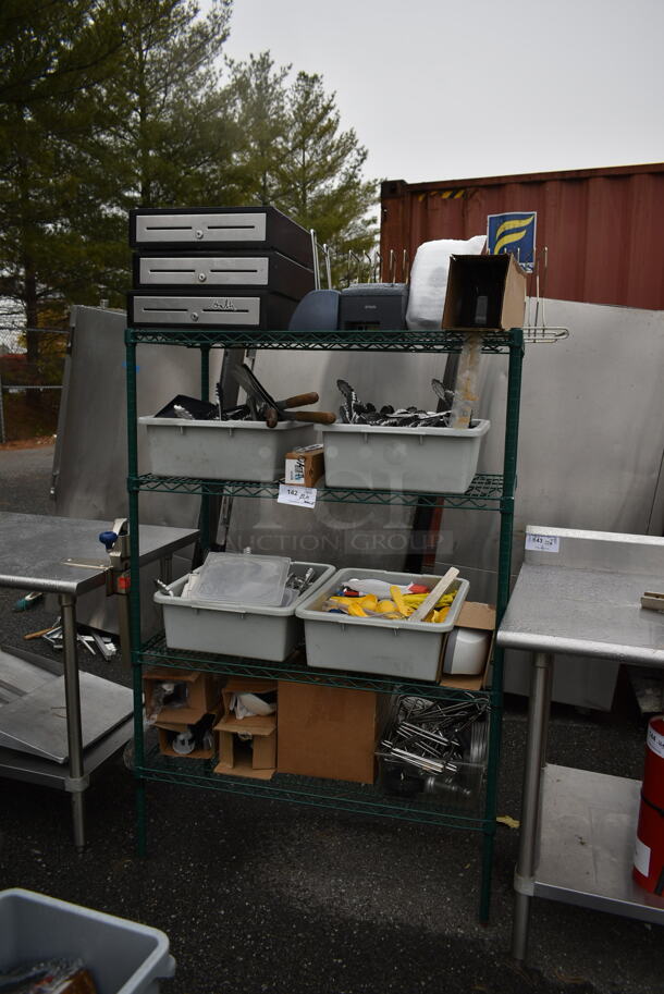 ALL ONE MONEY! Lot of 4 Tiers of Various Items Including Metal Cash Drawers, Utensils and Brackets. Does Not Include Shelving Unit. - Image 1 of 5