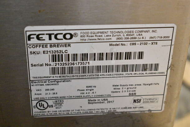 Fetco CBS-2132-XTS Stainless Steel Commercial Countertop Dual Coffee Machine w/ Hot Water Dispenser. 200-240 Volts, 1 Phase.  - Image 6 of 6