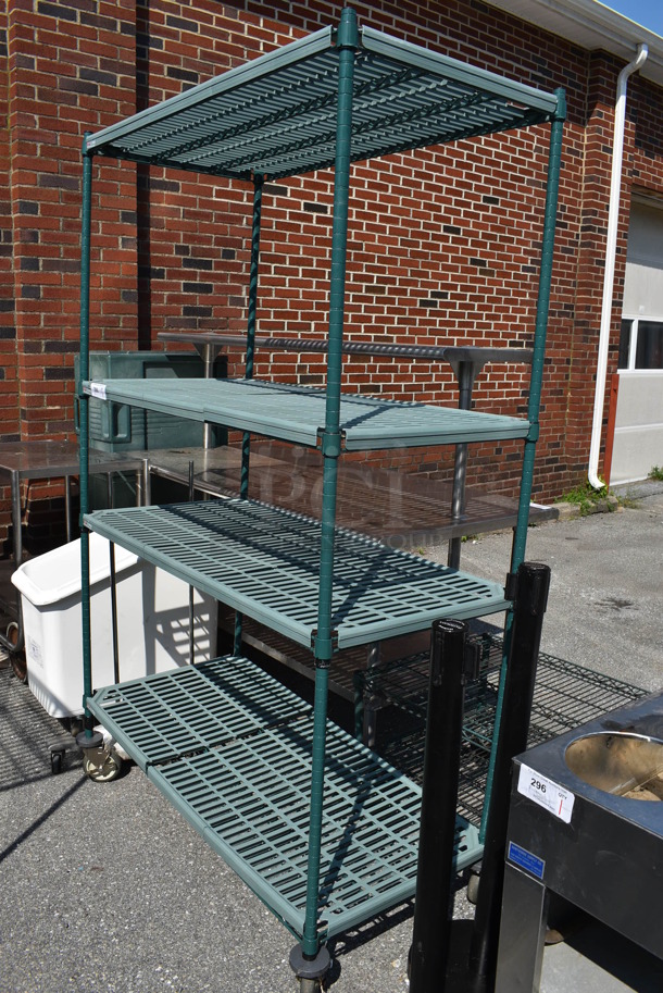 Green Finish 4 Tier Shelving Unit on Commercial Casters. BUYER MUST DISMANTLE. PCI CANNOT DISMANTLE FOR SHIPPING. PLEASE CONSIDER FREIGHT CHARGES. 48x24x80