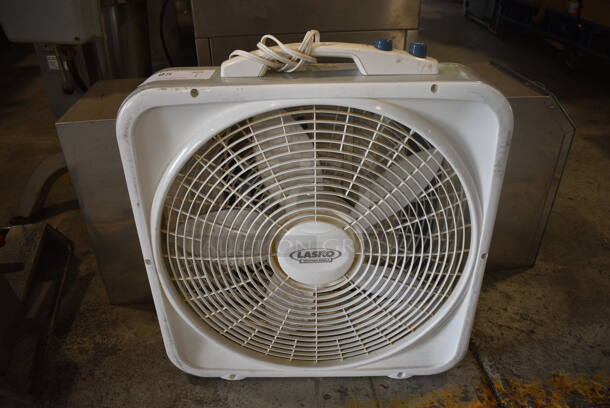 Lasko White Poly Box Fan. 21x4.5x23. Tested and Working!