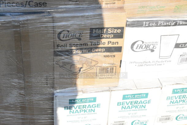 35 BRAND NEW Boxes Including 3 Box 5001BNAP Choice 1-Ply White Beverage / Cocktail Napkin - 4000/Case, 347TCL12 Choice 12 oz. Clear Disposable Plastic Tumbler - 500/Case, 795PTOKFT3 Choice Kraft Microwavable Folded Paper #3 Take-Out Container 7 3/4" x 5 1/2" x 2 1/2" - 200/Case, 50010DWALLWH Choice 10 oz. White Smooth Double Wall Paper Hot Cup, 395RP09 EcoChoice No PFAS Added Bamboo / Bagasse Blend 9" Plate - 500/Case, SN200-3L Genpak SN200-BK 9" x 9" x 3" Black Hinged Lid Foam Container - 200/Case, 2 Box 394365M Noble Products Powder-Free Disposable Clear Vinyl Gloves for Foodservice - Medium - 1000/Case, 795PTOWHT1 Choice White Microwavable Folded Paper #1 Take-Out Container 4 3/8" x 3 1/2" x 2 1/2" - 450/Case, 500TO993 Choice 9" x 9" x 3" Microwavable 1-Compartment Black / Clear Plastic Hinged Container - 100/Case, 5004C Choice 4 oz. Coffee Print Poly Paper Hot Cup - 1000/Case, 2 Box 129MCR24B Choice 24 oz. Black Round Microwavable Heavy Weight Container with Lid 7 1/4" - 150/Case, 347TCL12 Choice 12 oz. Clear Disposable Plastic Tumbler - 500/Case. 35 Times Your Bid!  - Image 4 of 12