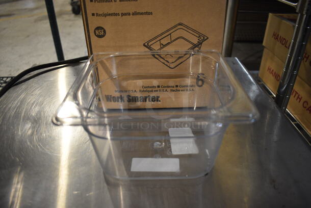 6 BRAND NEW IN BOX! Rubbermaid FG105P00CLR Clear Poly 1/6 Size Drop In Bins. 1/6x4. 6 Times Your Bid!