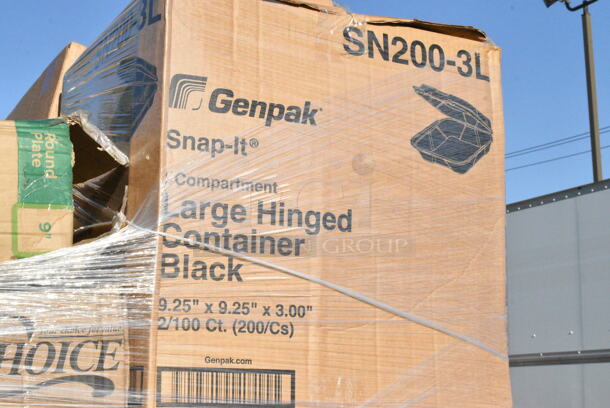 35 BRAND NEW Boxes Including 3 Box 5001BNAP Choice 1-Ply White Beverage / Cocktail Napkin - 4000/Case, 347TCL12 Choice 12 oz. Clear Disposable Plastic Tumbler - 500/Case, 795PTOKFT3 Choice Kraft Microwavable Folded Paper #3 Take-Out Container 7 3/4" x 5 1/2" x 2 1/2" - 200/Case, 50010DWALLWH Choice 10 oz. White Smooth Double Wall Paper Hot Cup, 395RP09 EcoChoice No PFAS Added Bamboo / Bagasse Blend 9" Plate - 500/Case, SN200-3L Genpak SN200-BK 9" x 9" x 3" Black Hinged Lid Foam Container - 200/Case, 2 Box 394365M Noble Products Powder-Free Disposable Clear Vinyl Gloves for Foodservice - Medium - 1000/Case, 795PTOWHT1 Choice White Microwavable Folded Paper #1 Take-Out Container 4 3/8" x 3 1/2" x 2 1/2" - 450/Case, 500TO993 Choice 9" x 9" x 3" Microwavable 1-Compartment Black / Clear Plastic Hinged Container - 100/Case, 5004C Choice 4 oz. Coffee Print Poly Paper Hot Cup - 1000/Case, 2 Box 129MCR24B Choice 24 oz. Black Round Microwavable Heavy Weight Container with Lid 7 1/4" - 150/Case, 347TCL12 Choice 12 oz. Clear Disposable Plastic Tumbler - 500/Case. 35 Times Your Bid!  - Image 9 of 12