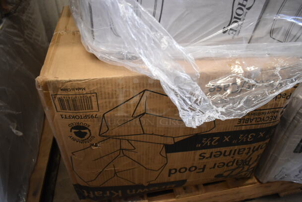 PALLET LOT of 21 BRAND NEW Boxes Including Choice Take Out Container, Tellus 433470 Bowls, 50012DWALLW Choice 12 oz. White Smooth Double Wall Paper Hot Cup - 500/Case, 760IC12G Choice 12 oz. Green Paper Frozen Yogurt / Food Cup - 1000/Case, 3 Box Choice 1.5 oz Portion Cups,  795PTOKFT1 Choice 4 5/8" x 3 1/2" x 2 1/2" Kraft Microwavable Folded Paper #1 Take-Out Container - 450/Case, 3 Box Medium Weight Cutlery Sets, 5002BNAPWH Choice 2-Ply White Beverage / Cocktail Napkin - 3000/Case, 394360M Noble Products Powdered Disposable Vinyl Gloves for Foodservice - 1000/Case, 395TO961 EcoChoice 9" x 6" x 3" Compostable Sugarcane / Bagasse 1 Compartment Take-Out Container - 200/Case, 274MOPBCKTYE Lavex 35 Qt. Yellow Mop Bucket & Side Press Wringer Combo. 21 Times Your Bid!  - Image 8 of 12