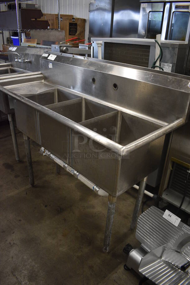 Stainless Steel 3 Bay Sink w/ Left Side Drainboard. 57x22x44.5. Bays 14x16x11. Drainboard 10x18x2 - Image 3 of 5