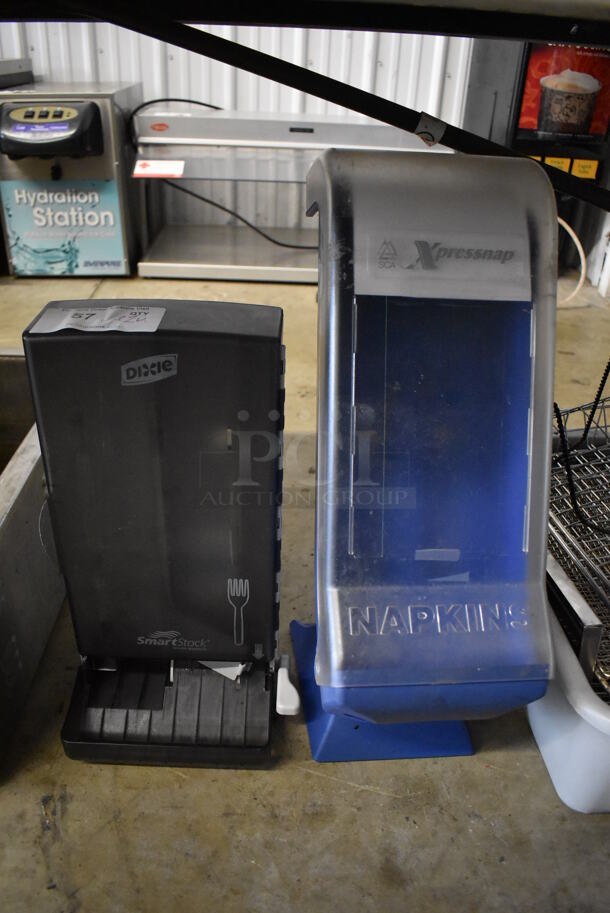 ALL ONE MONEY! Lot of 2 Poly Countertop Dispensers; Napkin and Plastic Forks. 8x10x22.5, 9.5x7x18