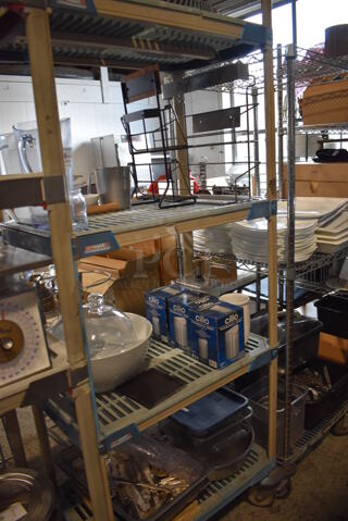 ALL ONE MONEY! Lot of Contents of Shelving Unit Including Silverware, Racks, Pump, Glass Dome Cover, Poly Bins. Does Not Include Shelving Unit.