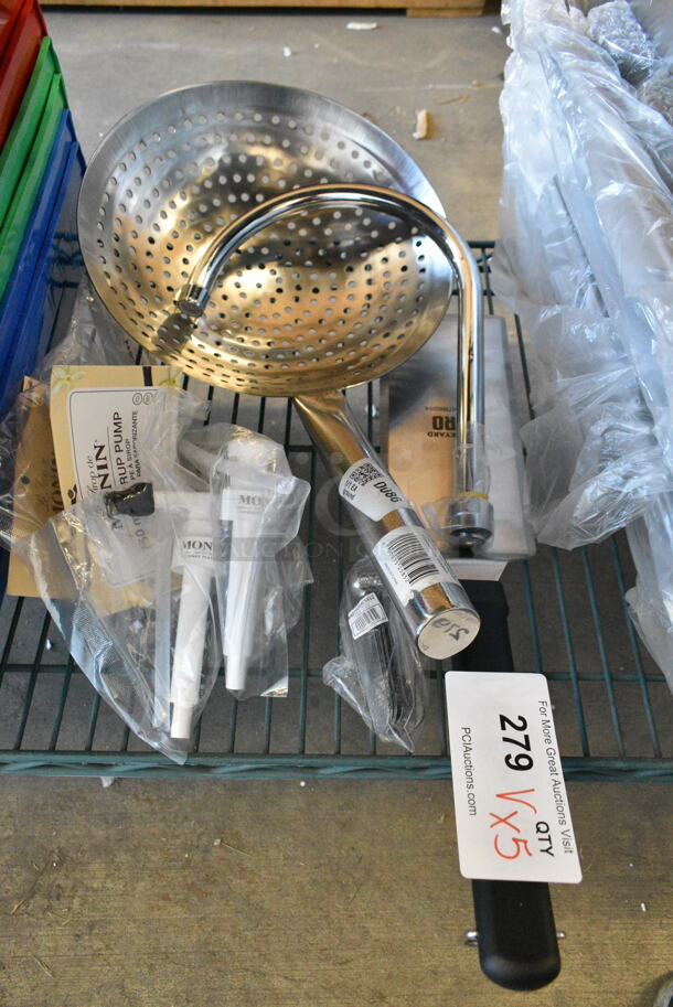 5 BRAND NEW SCRATCH AND DENT! Items Including Regency 600FGNZ610 6" Long Swivel Gooseneck Spout with 2 GPM Aerator, 407SKMRMAN11 Choice 11" Stainless Steel Wok Skimmer, 554TRNSD94 Backyard Pro 9" x 4" High Heat Solid Turner with Black Handle, 407TOMCSS12 Choice Tomato Corer with Stainless Steel Handle - 12/Pack, Monin Pumps. 5 Times Your Bid!  - Image 2 of 12
