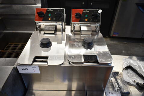 BRAND NEW SCRATCH AND DENT! 2024 Crosson CF-20 Stainless Steel Commercial Countertop Electric Powered 2 Bay Fryer w/ 2 Metal Fry Baskets and 2 Lids. 120 Volts, 1 Phase.