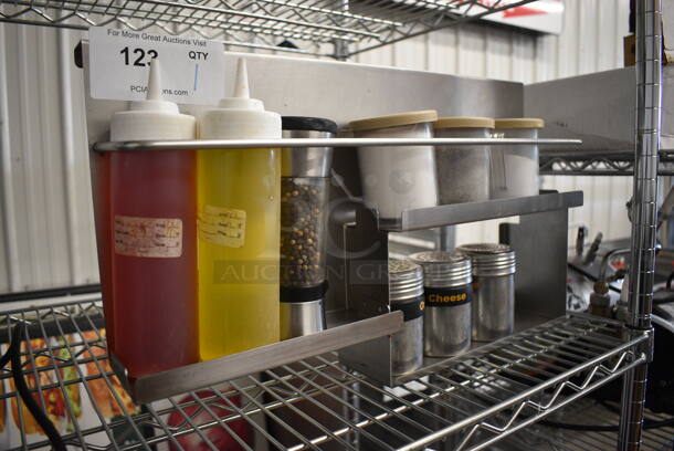 Metal Unit w/ 2 Condiment Bottles, 3 Poly Seasoning Shakers, 3 Metal Seasoning Shakers and Pepper Grinder. 20x5x12 - Image 2 of 2