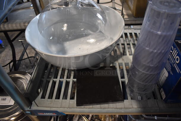 ALL ONE MONEY! Lot of Contents of Shelving Unit Including Silverware, Racks, Pump, Glass Dome Cover, Poly Bins. Does Not Include Shelving Unit. - Image 7 of 12