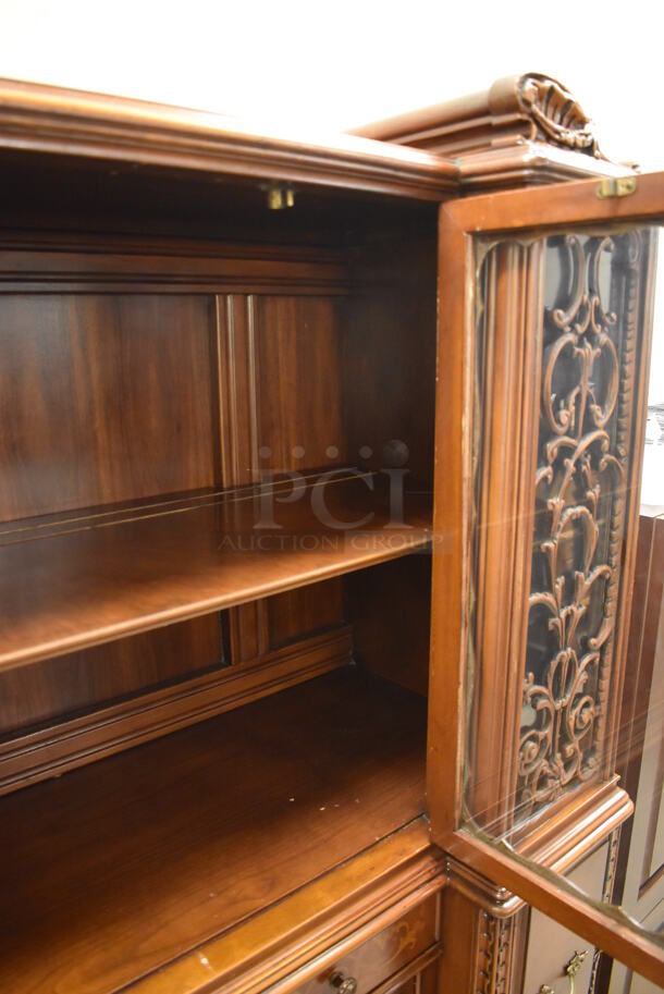 Ornate Hard Wood Victorian Style China Cabinet w/ 5 Drawers and 4 Cabinets. - Image 11 of 12