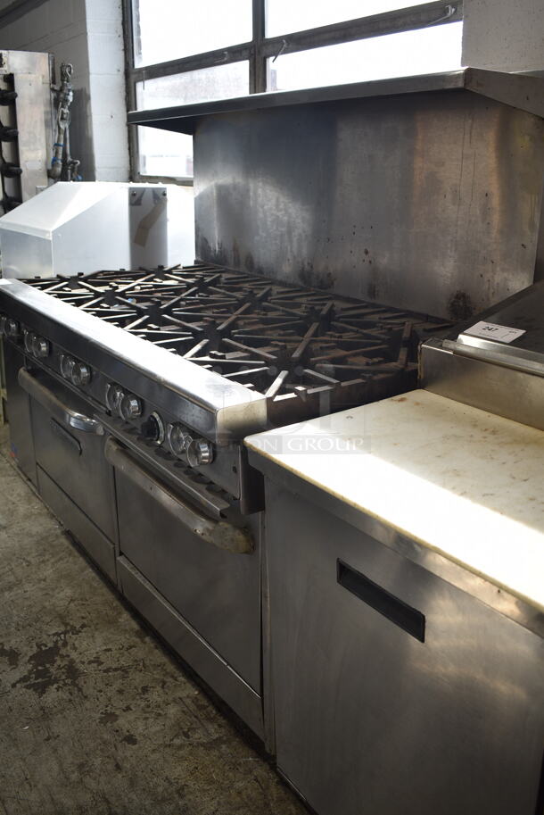 Southbend Stainless Steel Commercial Natural Gas Powered 10 Burner Range w/ 2 Ovens, Over Shelf and Back Splash.  - Image 2 of 9