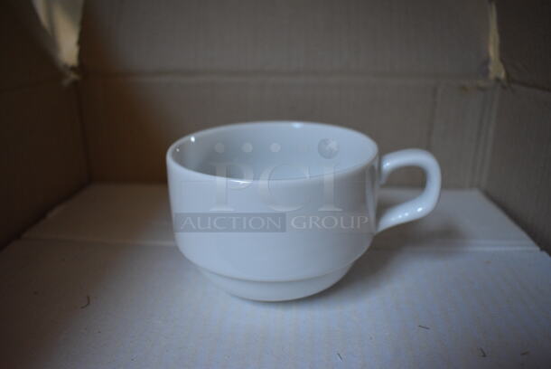 Box of 12 BRAND NEW TriMark White Ceramic Mugs. 4.5x3.5x2.5