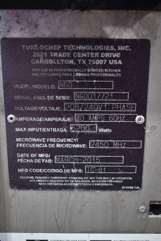 2015 Turbochef NGO Metal Commercial Countertop Electric Powered Rapid Cook Oven. 208/240 Volts, 1 Phase.  - Image 4 of 4