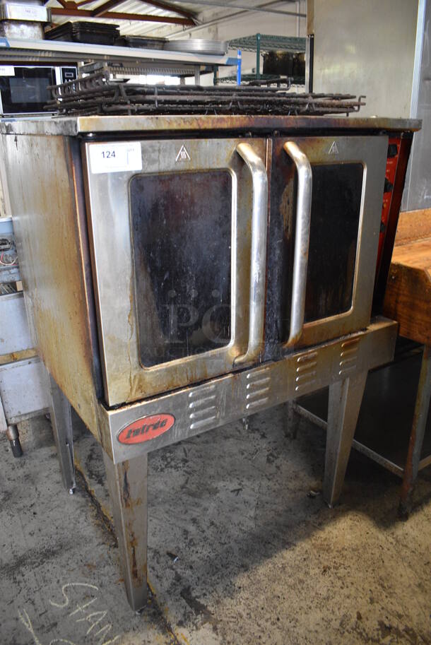 Entree Stainless Steel Commercial Natural Gas Powered Full Size Convection Oven w/ View Through Doors, Metal Oven Racks and Thermostatic Controls on Metal Legs. 36x33x60