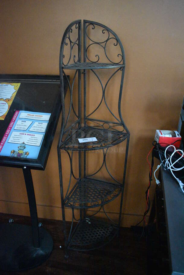 Black Metal Mesh 4 Tier Corner Shelving Unit. 12x12x61. (lounge)