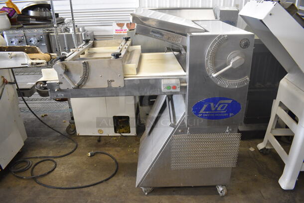 LVO Model LM20 Metal Commercial Floor Style Dough Sheeter Moulder on Commercial Casters. 120 Volts, 1 Phase. 53x37x54