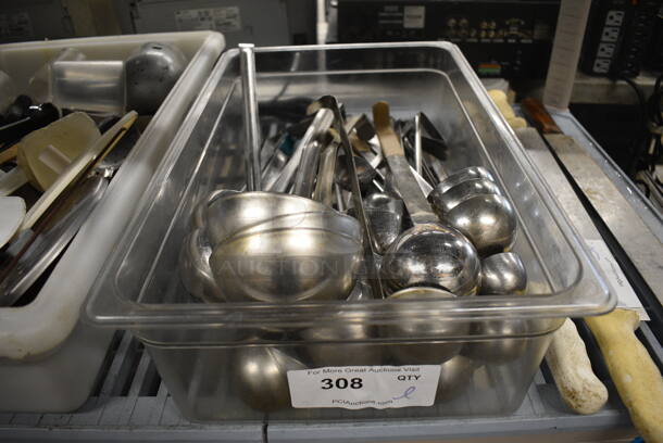 ALL ONE MONEY! Lot of Various Metal Ladles in Clear Poly Bin! 13x21x6