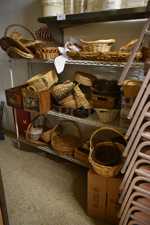 White Finish 3 Tier Wire Shelving Unit w/ Contents Including Baskets. BUYER MUST REMOVE: BUYER MUST DISMANTLE. PCI CANNOT DISMANTLE FOR SHIPPING. PLEASE CONSIDER FREIGHT CHARGES. (hallway)
 - Image 1 of 4