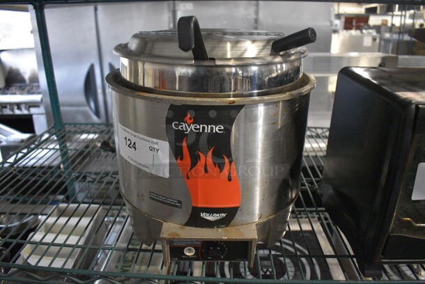 Vollrath Model HS-11 Cayenne Stainless Steel Commercial Countertop Soup Kettle Food Warmer w/ Drop In, Lid and Ladle. 120 Volts, 1 Phase. 13x14x13. Tested and Powers On But Does Not Get Warm