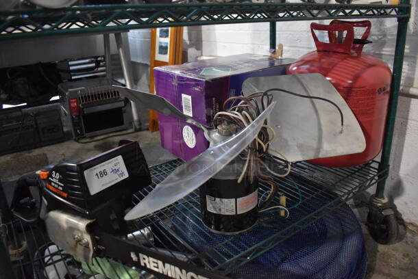 ALL ONE MONEY! Tier Lot of Various Items Including Metal Fan, Remington Chainsaw and Tank