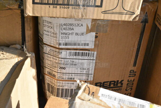 9 BRAND NEW Boxes Including 164TB2222 Lancaster Table & Seating 22" x 22" Cross Cast Iron Table Base Plate, 808B1449ACD Superlevel Self Adjusting Table Foot - 4/Pack, 407KRPLAS13 Choice 13-Slot Plastic Wall Mount Knife Rack, 2 Box Libbey 7508 Vina 12.75 oz. Customizable Tall Wine Glass - 12/Case, 117321310 AllPoints 32-1310 5' x 1/2" ID Fryer Oil Filter Hose, 4558022026 32 oz. Tall Plastic Iced Tea Design Souvenir Cup with Straw and Lid - 200/Case. 9 Times Your Bid!  - Image 5 of 11