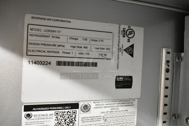 Beverage Air UCR34Y-17 Stainless Steel Commercial 2 Door Undercounter Cooler. 115 Volts, 1 Phase. Tested and Working! - Image 6 of 6
