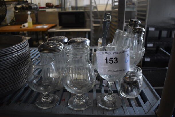 ALL ONE MONEY! Lot of Various Glassware Including Seasoning Shakers, Wine Glasses and Salt Shakers!