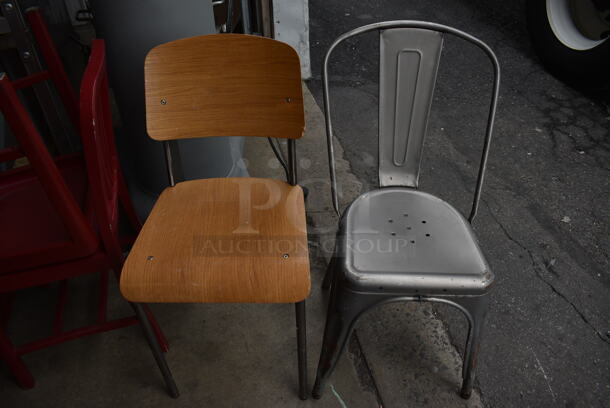 2 Various Dining Chairs; Wood Pattern on Metal Frame and Gray Metal Tolix Style Chair. 16x17x32, 17x17x34. 2 Times Your Bid!