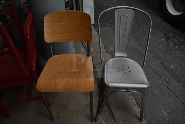 2 Various Dining Chairs; Wood Pattern on Metal Frame and Gray Metal Tolix Style Chair. 16x17x32, 17x17x34. 2 Times Your Bid! - Image 1 of 4