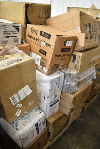 PALLET LOT of 30 BRAND NEW Boxes Including 500CC20HD 20 oz. Plastic Cold Cup - 600/Case, 130HFBK1M Visions Black Heavy Weight Plastic Fork - Case of 1000, 2 Box 612FFL1230 Choice Foil Steam Table Pan Lid - Full Size - 50/Case, 6700305 Moist Towelette, 2 Box 9202 #200 Food Baskets, 500CC16HD 16 oz. Plastic Cold Cup - 1000/Case, Choice 1 oz Portion Cups, 5008W Choice 8 oz. Tall White Poly Paper Hot Cup - 1000/Case, 16 oz PET Cold Cups, 500TW9 Choice 9 oz. Translucent Thin Wall Plastic Cold Cup - 2500/Case, Dart C57PST1 ClearSeal Hinged Lid Plastic Container 6" x 5 13/16" x 3" - 500/Case, 245CB7PLN Choice 7" x 7" x 2" Kraft Customizable Corrugated Plain Pizza Box - 50/Case, 245CPB10 PRINT Choice 10" x 10" x 2" White Corrugated Pizza Box - 50/Case, 128HD16COMBO ChoiceHD 16 oz. Microwavable Translucent Plastic Deli Container and Lid Combo Pack - 240/Case, 50016W Choice 16 oz. White Poly Paper Hot Cup - 1000/Case. 30 Times Your Bid!