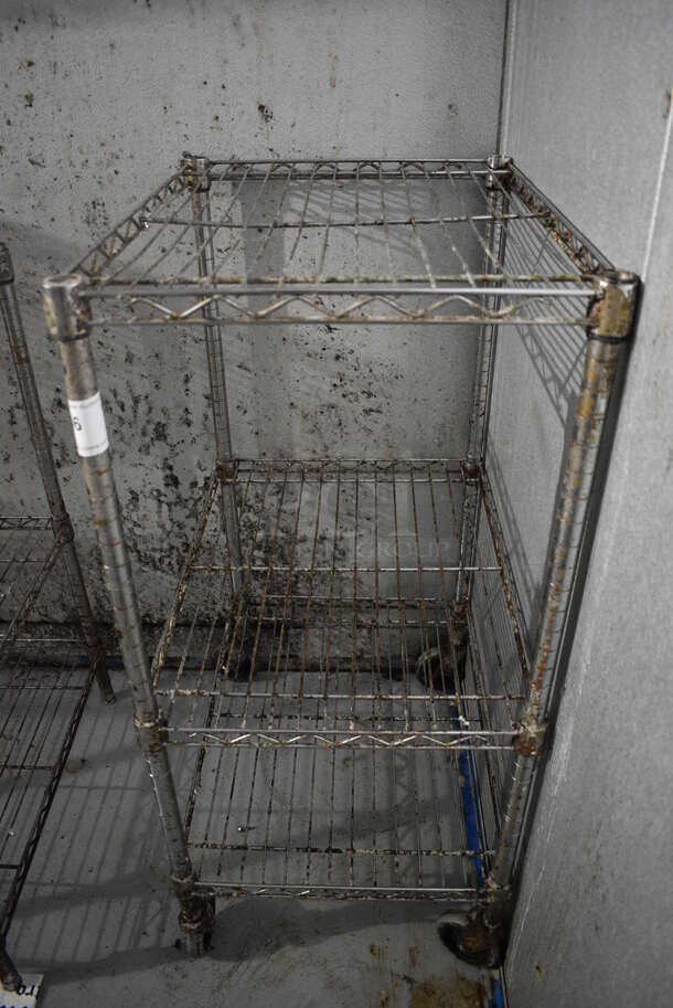 Chrome Finish 3 Tier Wire Shelving Unit. BUYER MUST DISMANTLE. PCI CANNOT DISMANTLE FOR SHIPPING. PLEASE CONSIDER FREIGHT CHARGES. 24x18x40. (kitchen) - Image 1 of 3