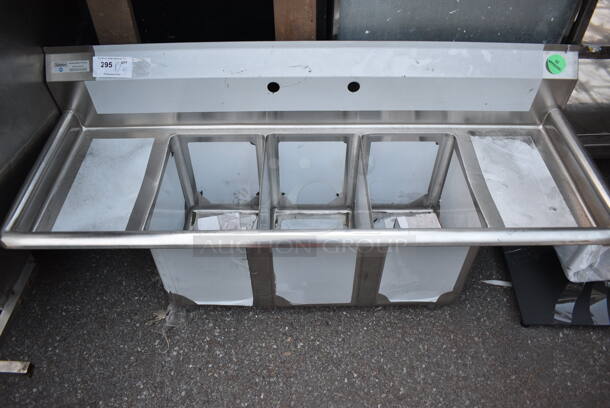 BRAND NEW SCRATCH AND DENT! Steelton 522CS31014LR 54" 18-Gauge Stainless Steel Three Compartment Commercial Sink with 2 Drainboards - 10" x 14" x 12" Bowls. No Legs.  - Image 2 of 7