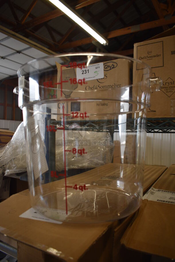6 BRAND NEW IN BOX! Cambro Clear Poly 18 Quart Containers. 14x12.5x12. 6 Times Your Bid!