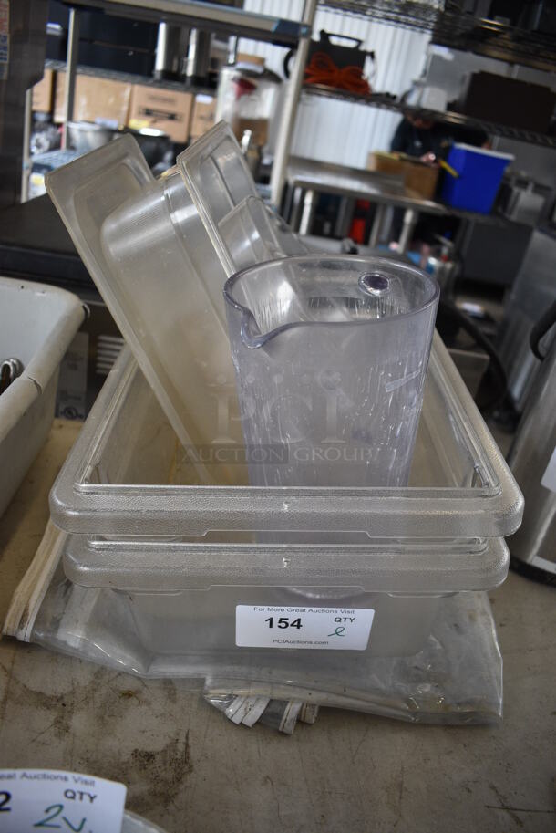 ALL ONE MONEY! Lot of Various Items Including Poly Bins, Poly Pitcher and Clear Pan Rack Cover